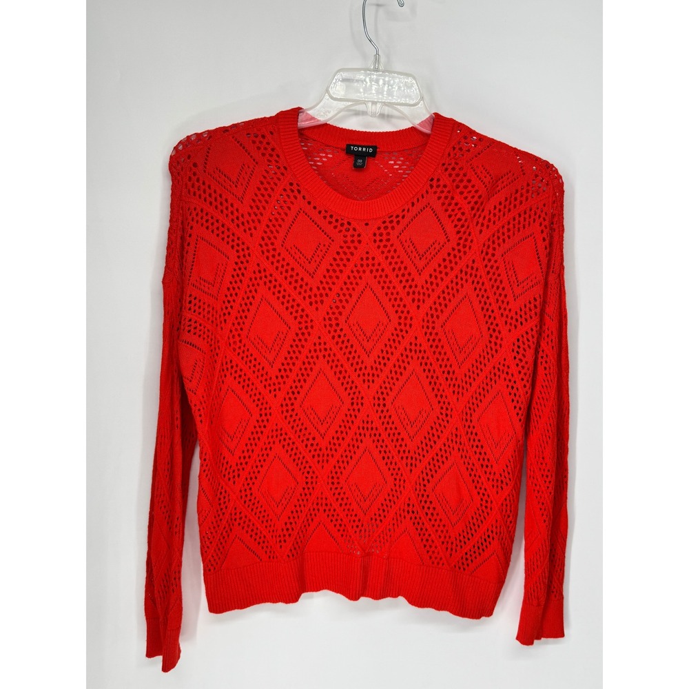 Torrid Sweater Womens M/L Red Excellent Diamond Pointelle Open Knit Crew Neck